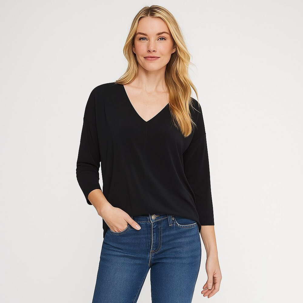 NWT White House Black Market 3-Quarter Sleeve V-Neck Tee Black Medium #WHBM31
